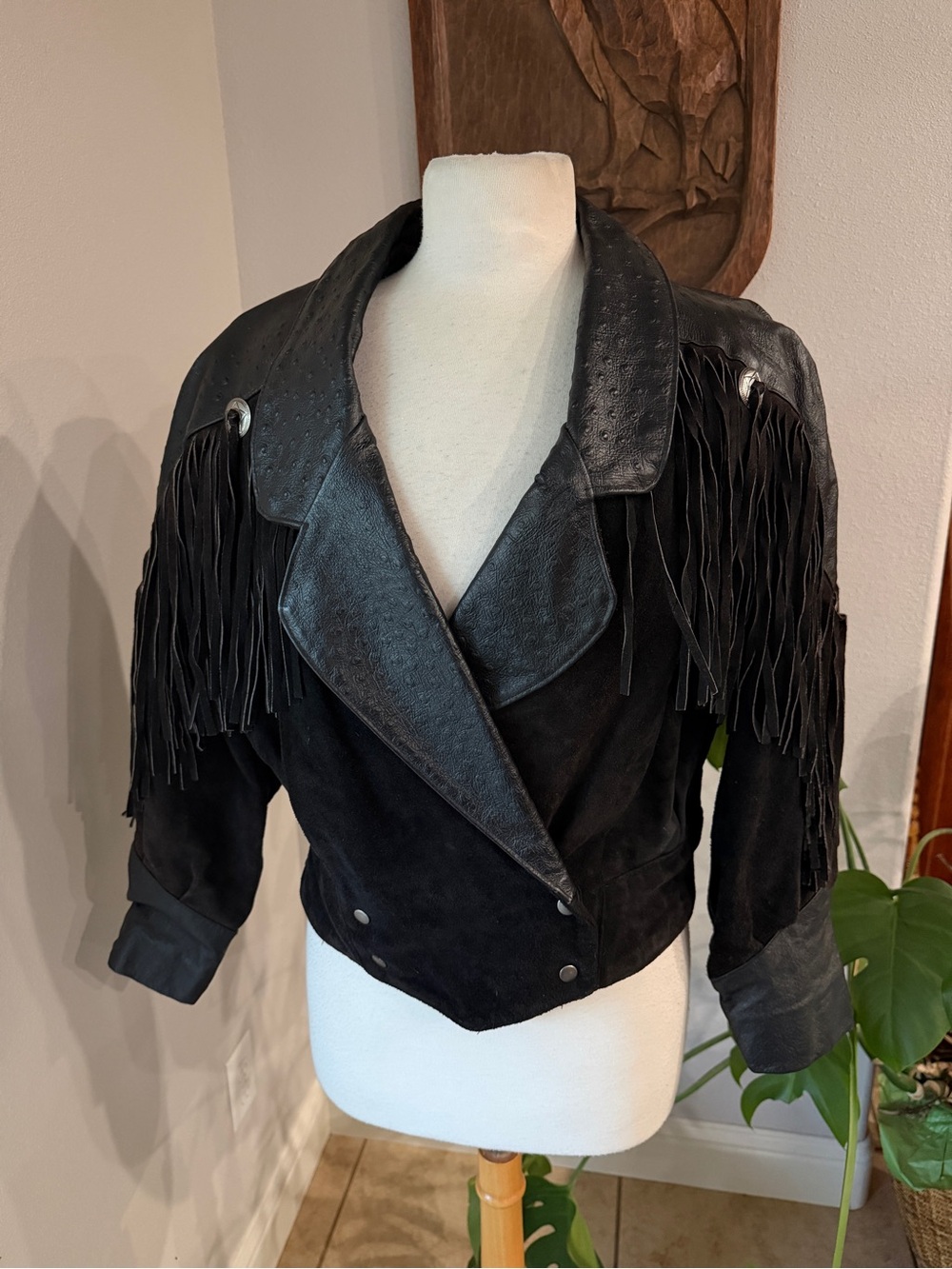 Vintage Phoenix Black Leather Suede Fringe Western Jacket Large